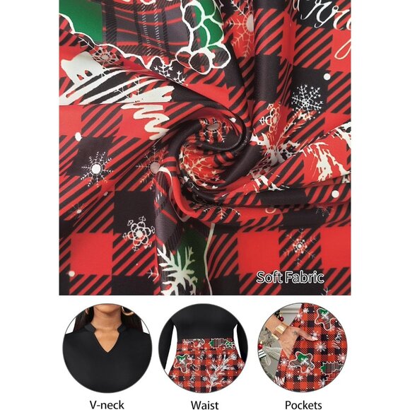 Women Black Red 3/4 Sleeve Semi Formal Fit and Flare A-line Dress With Pockets - Picture 4 of 6